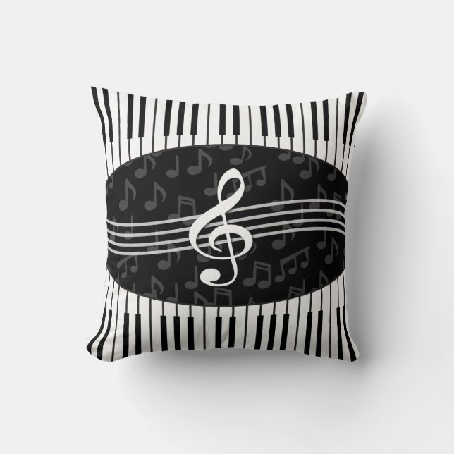 Stylish Music Notes Treble Clef and Piano Keys Cushion (Front)