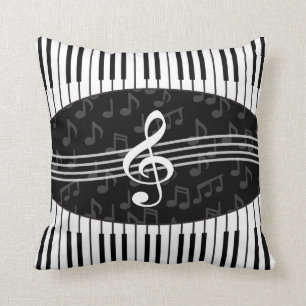 Stylish Music Notes Treble Clef and Piano Keys Cushion