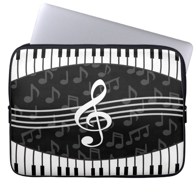 Stylish Music Notes Treble Clef and Piano Keys Laptop Sleeve (Front)