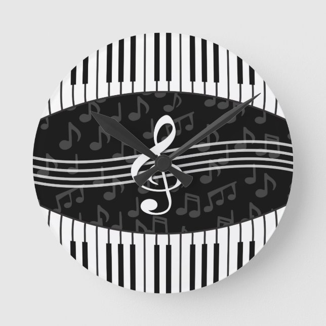 Stylish Music Notes Treble Clef and Piano Keys Round Clock (Front)