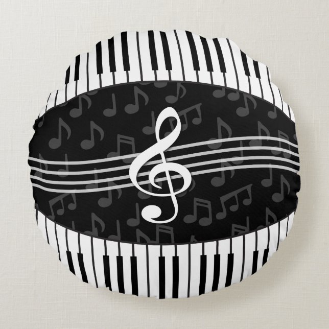 Stylish Music Notes Treble Clef and Piano Keys Round Cushion (Front)