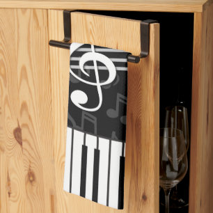 Stylish Music Notes Treble Clef and Piano Keys Tea Towel