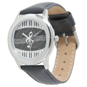 Stylish Music Notes Treble Clef and Piano Keys Watch