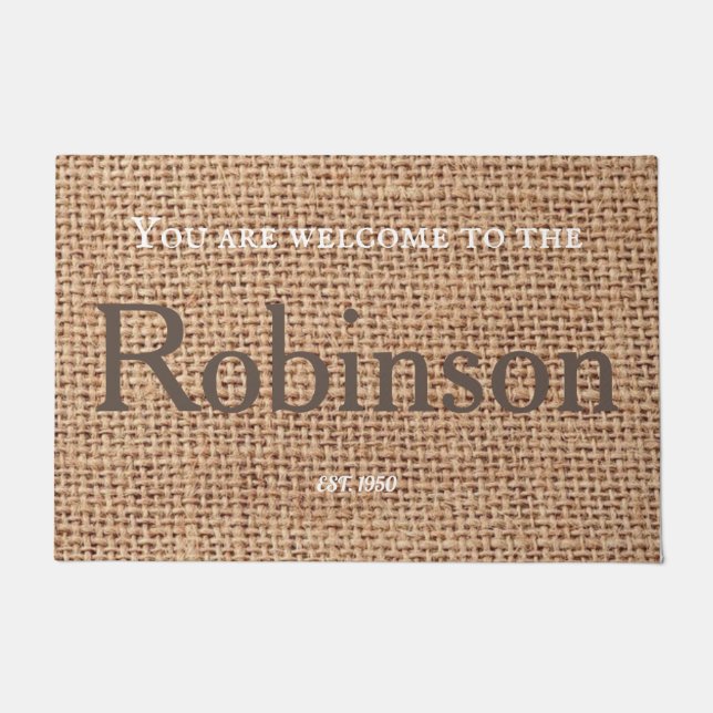 Stylish name brown farmhouse country burlap text   doormat (Front)