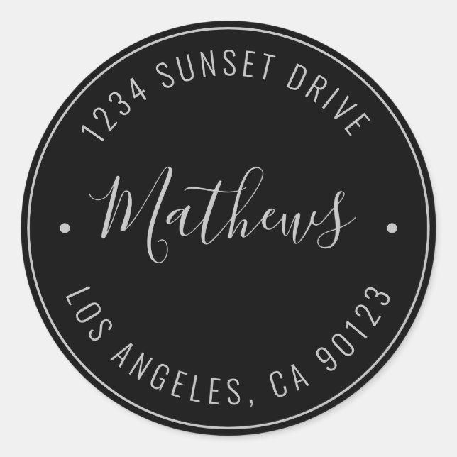 Stylish Name & Circular Text | Black & Grey Classic Round Sticker (Front)