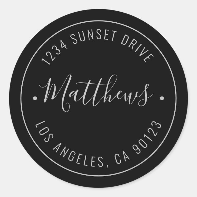 Stylish Name & Circular Text | Black & Grey Classic Round Sticker (Front)