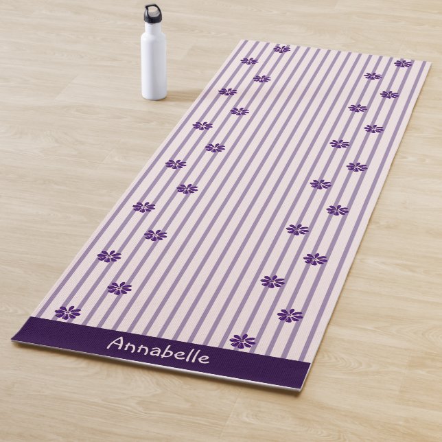 Stylish Name Indigo Flowers, Blush, Violet Striped Yoga Mat (In Situ)