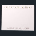 Stylish Name List Lover Pastel Pink Minimalist Notepad<br><div class="desc">Fun stylish chic minimalist premium look personalised notepad for the unapologetic list maker. Delicate elegant pastel pink feminine girly background and classy golden and maroon brown typography. Add your name and custom text, for example the fun phrase saying quote LIST LOVER , ALWAYS that resonates so well with some of...</div>
