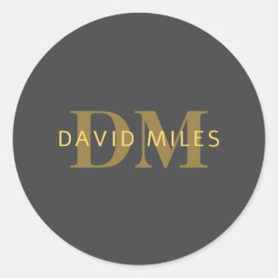 Stylish Name & Monogram   Gold & Dark Gray Classic Round Sticker