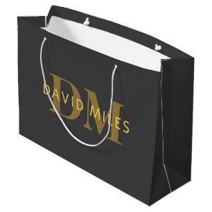 Stylish Name & Monogram   Gold & Dark Gray Large Gift Bag