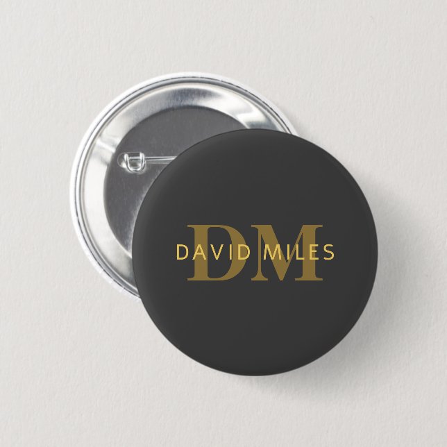 Stylish Name & Monogram | Gold & Dark Grey 6 Cm Round Badge (Front & Back)