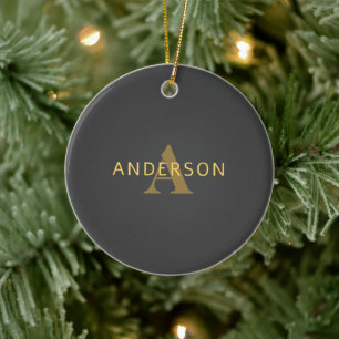 Stylish Name & Monogram   Gold & Dark Grey Ceramic Tree Decoration