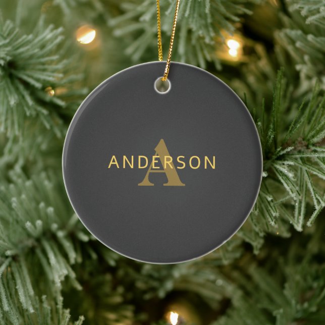 Stylish Name & Monogram | Gold & Dark Grey Ceramic Tree Decoration (Tree)