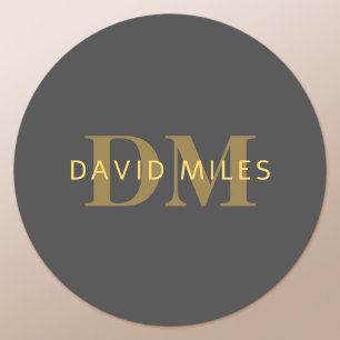 Stylish Name & Monogram   Gold & Dark Grey Classic Round Sticker