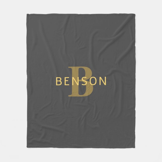 Stylish Name & Monogram | Gold & Dark Grey Fleece Blanket (Front)