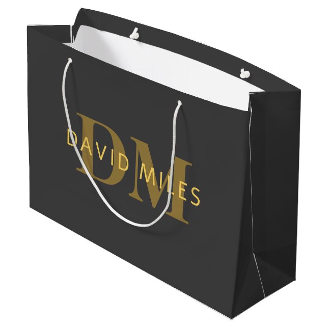 Stylish Name & Monogram | Gold & Dark Grey Large Gift Bag (Back Angled)