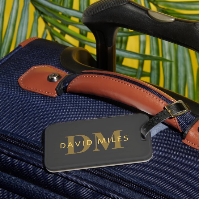 Stylish Name & Monogram | Gold & Dark Grey Luggage Tag (Front Insitu 3)