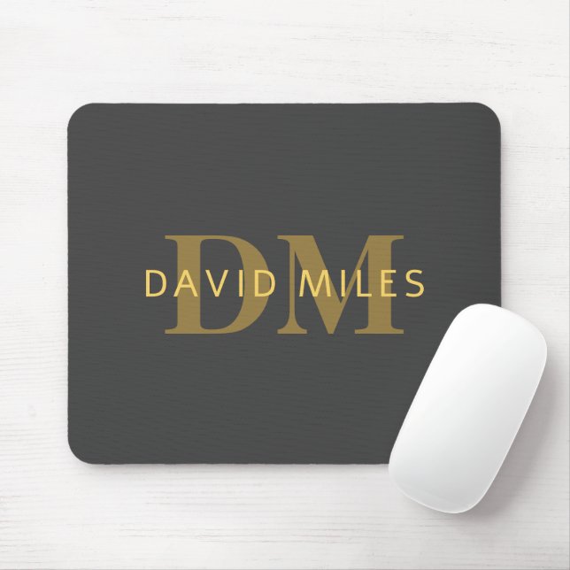 Stylish Name & Monogram | Gold & Dark Grey Mouse Mat (With Mouse)
