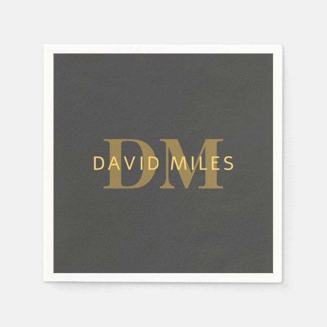 Stylish Name & Monogram | Gold & Dark Grey Napkin (Front)