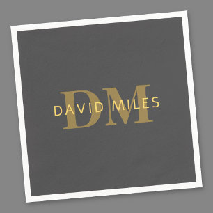 Stylish Name & Monogram Gold & Dark Grey Napkin