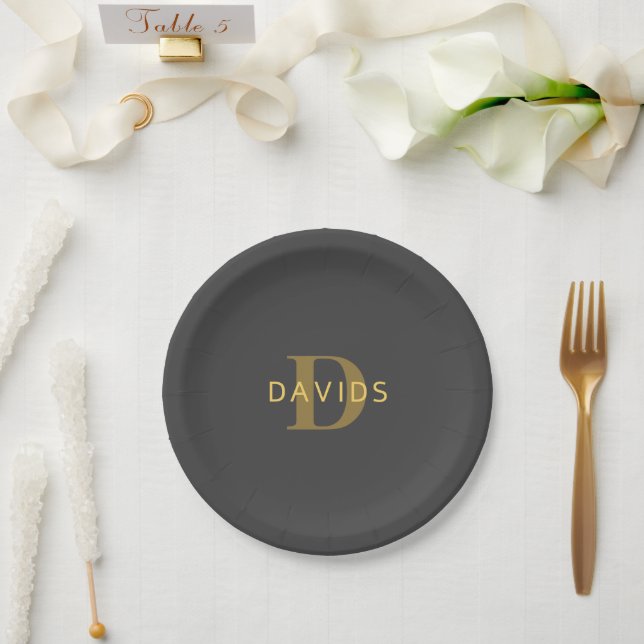 Stylish Name & Monogram | Gold & Dark Grey Paper Plate (Wedding)