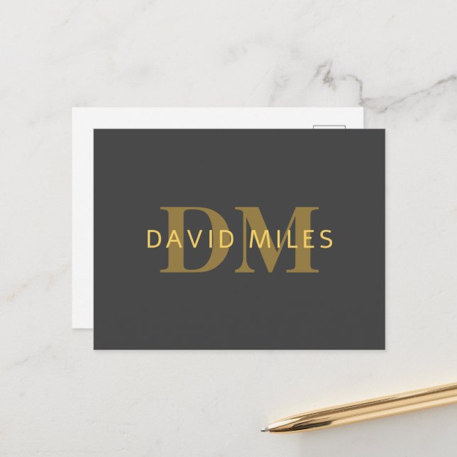 Stylish Name & Monogram | Gold & Dark Grey Postcard (Front/Back In Situ)