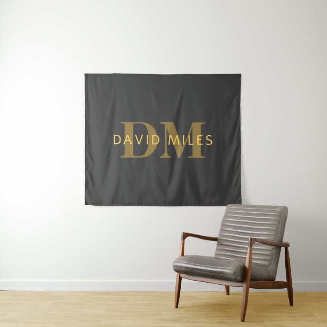 Stylish Name & Monogram | Gold & Dark Grey Tapestry (In Situ (Horizontal))