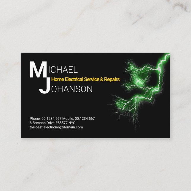 Stylish Name Monogram Green Electrical Lightning Business Card (Front)