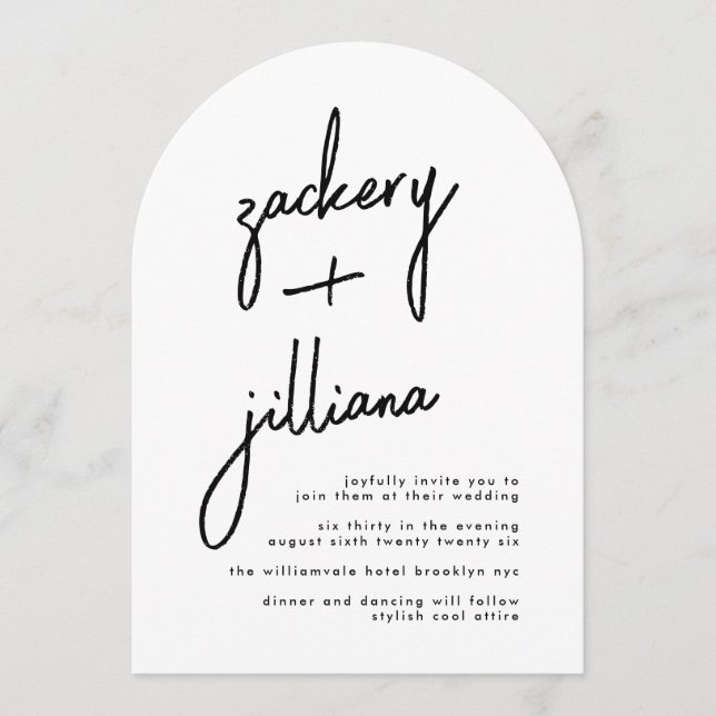 Stylish NAMES Modern Black & White Arch Wedding Invitation (Front)