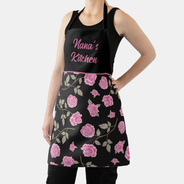 Stylish Nana Kitchen Pink Roses Black Pattern Apron (Insitu)