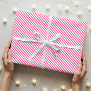 Stylish Narrow Diagonal Striped Pink White Wrapping Paper