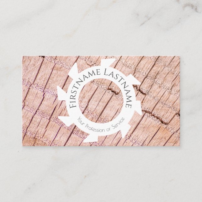 Stylish natural organic wood with white saw shapes business card (Front)