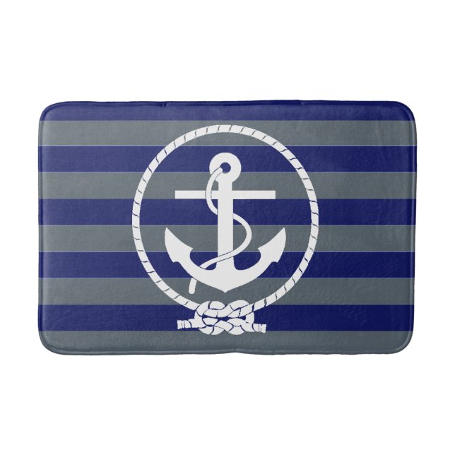 Stylish Nautical Anchor and Blue Stripe Pattern Bath Mat (Front)