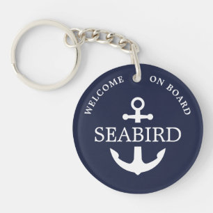 Stylish Nautical Anchor Navy Blue Custom Boat Name Key Ring