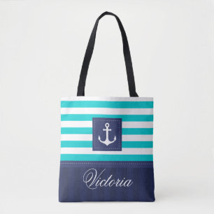 Stylish Nautical Aqua Navy Anchor Design Custom Tote Bag