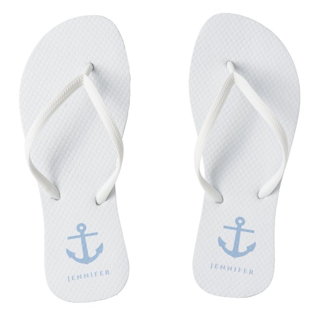 Stylish Nautical Blue Anchor Custom Name  Flip Flops (Footbed)