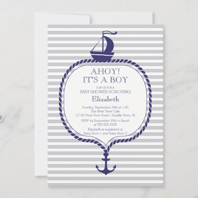Stylish Nautical Grey Blue Sailboat Baby Shower Invitation (Front)