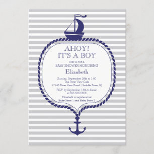 Stylish Nautical Grey Blue Sailboat Baby Shower Invitation