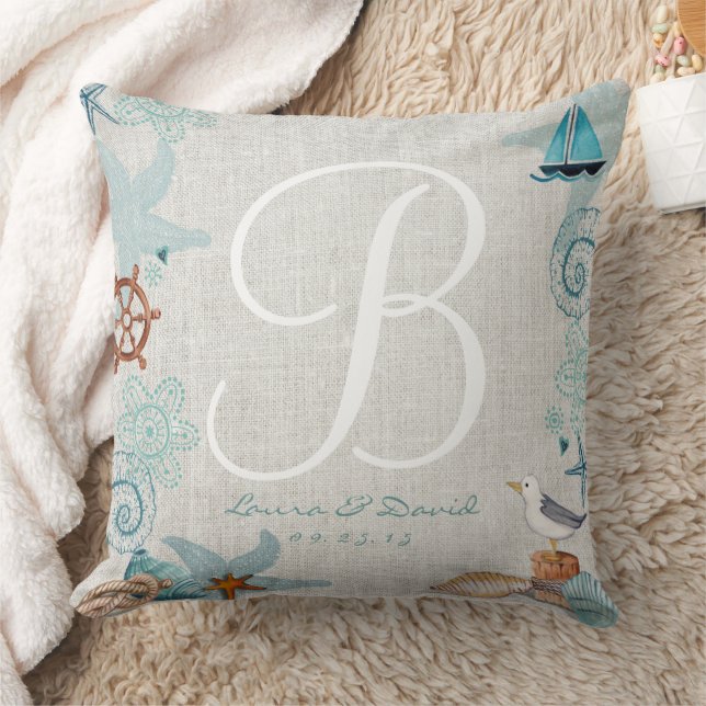 Stylish Nautical sand & blue summer Beach Wedding Cushion (Blanket)