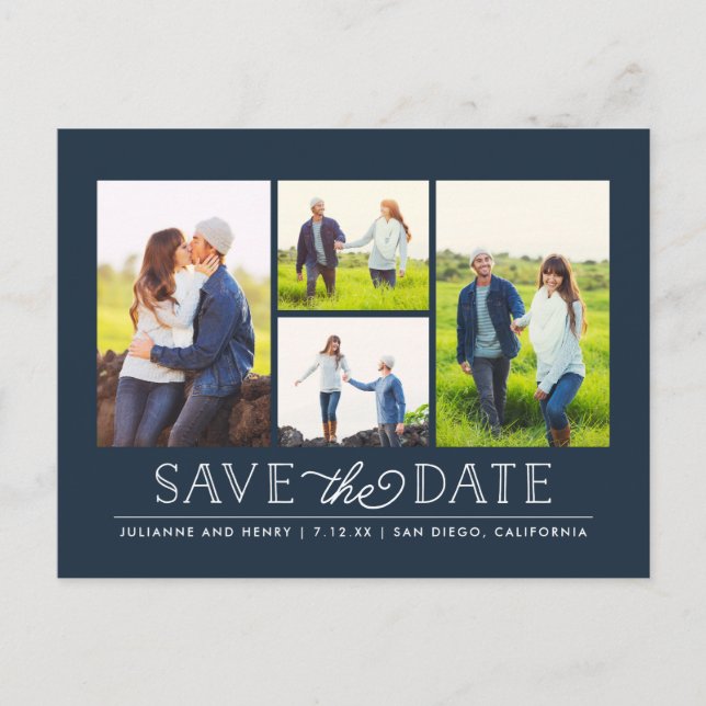 Stylish Navy 4 Photo Save the Date Postcard (Front)