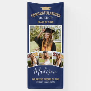 Stylish Navy Blue 4 Photo Collage Graduation Banner