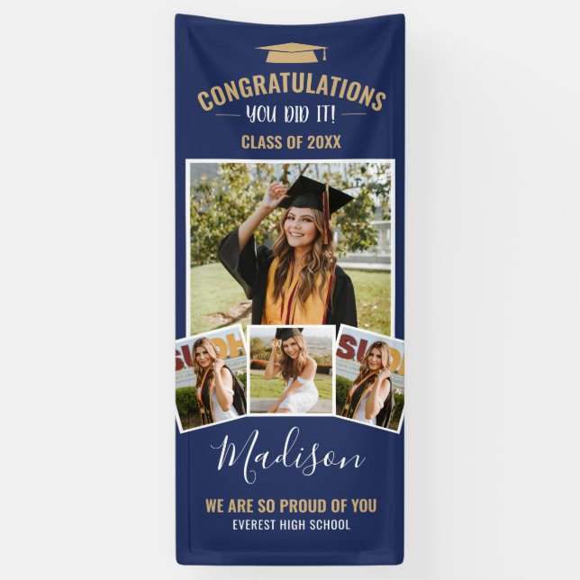 Stylish Navy Blue 4 Photo Collage Graduation Banner (Vertical)