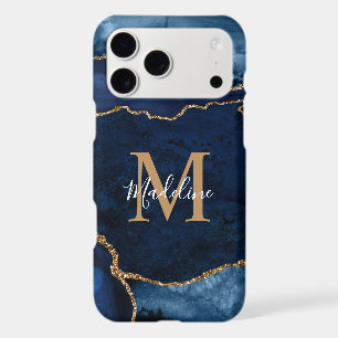 Stylish Navy Blue Agate Geode Gold Script Monogram