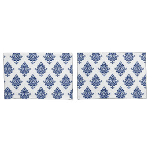 Stylish Navy Blue and White Damask Patterned Pillowcase