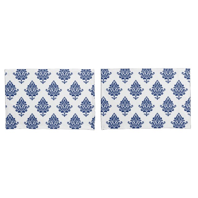 Stylish Navy Blue and White Damask Patterned Pillowcase (Front-Set)