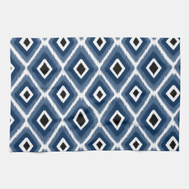 Stylish Navy Blue Black Ikat Pattern Tea Towel (Horizontal)