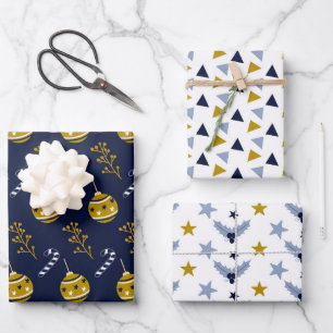 Stylish Navy Blue  Christmas  Theme Mix Trio Wrapping Paper Sheet