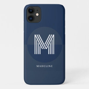 Stylish Navy Blue Geometric Modern Monogram iPhone 11 Case