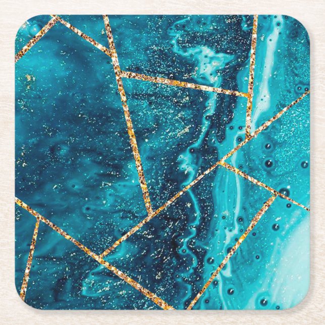 Stylish Navy Blue Gold Agate Geode Chic Monogram C Square Paper Coaster (Front)