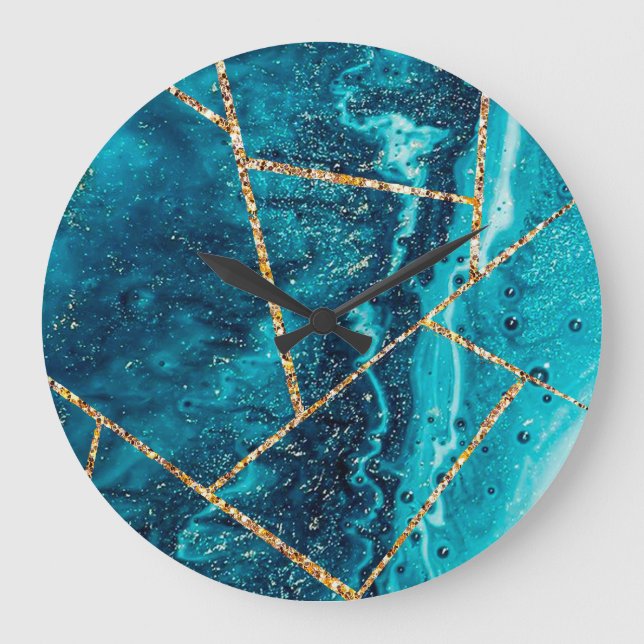 Stylish Navy Blue Gold Agate Geode Chic Monogram Large Clock (Front)